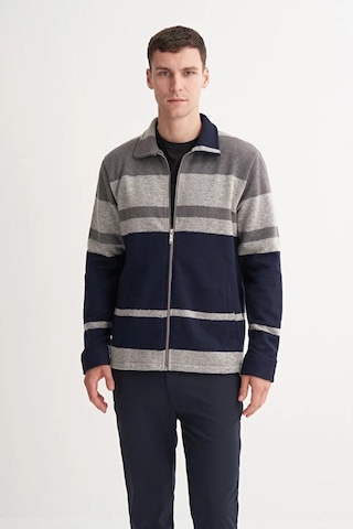 Cazador Hazır Örme Çizgili Vintage Yün Karışımlı Regular Fit Fermuarlı Sweat Hırka Gri