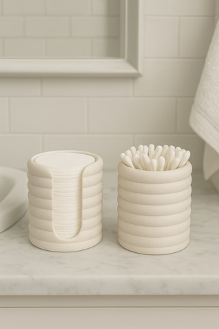 Banyo Düzenleyici - Makyaj Pedi Ve Kulak Çubuğu Düzenleyici Set - Mermer Beyaz - 8,5 Cm Mermer Beyaz