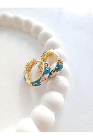 Çelik Gold Mineli Mavi Botanik Kadın Küpe Sevgiliye Hediye Altın