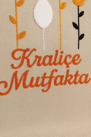 Kraliçe Mutfakta Nakışlı Keten Yıkanabilir Mutfak Önlüğü Standart Beden 1 Adet 50x70 Cm Bej