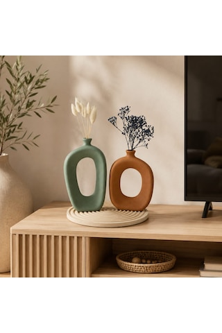 El Yapımı Modern Bohem Beton Vazo Seti Dekoratif Kemerli İkili Vazo & Yuvarlak Altlık Premium Seri Adaçayı