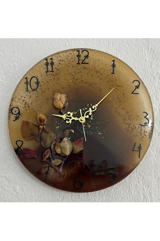 Pelince - Beyaz Gül - Koyu Kahverengi - Epoksi Duvar Saati Özel Tasarım - Tek Üretim - 30 Cm Siyah
