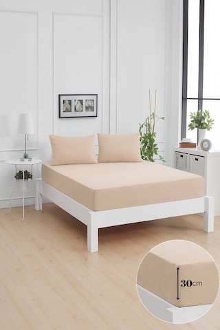 Mirava Premium %100 Pamuk Penye Lastikli Tek Kişilik Çarşaf Takımı 1 Yastık Kılıfı Dahil Bej 100x200cm Bej