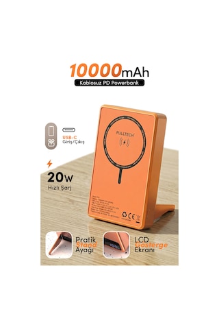 Fulltech Fp50 Magsafe Wireless Powerbank Turuncu 10000mah 20w Lcd Ekranlı Standlı Taşınabilir Şarj C