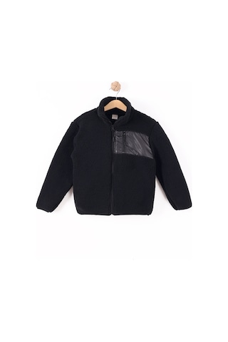 Monox Çocuk Lastik Manşetli Fermuarlı Unisex Kuzu Wellsoft Peluş Ceket Siyah