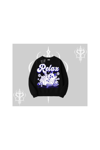 Tarzsokak Relax Kedi Baskılı Biskilet Sweatshirt Siyah
