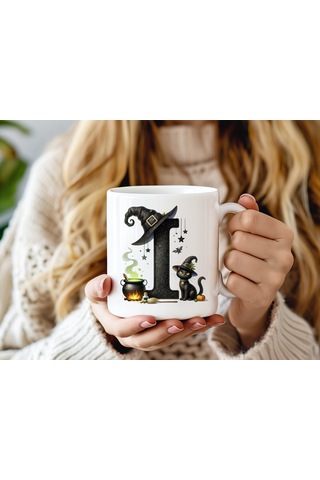 I Harfli Halloween Kedili Figür Kupa Bardak - Şapkalı Ve Kazanlı İsme Özel Kupa - Hediye 07 Beyaz
