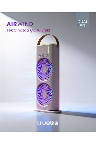 Truebo AirWind - Masaüstü Buhar Püskürtmeli Taşınabilir Şarjlı Led Işıklı Çift Fanlı Vantilatör