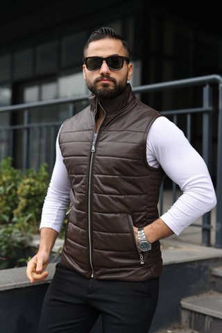Basic Slim Fit Deri Yelek Kahverengi