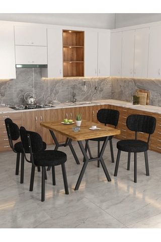 Azra 70x110cm Atlantik Mutfak Masası, Mutfak Masası Takımı, Yemek Masası, 4 Siyah Sandalye Siyah