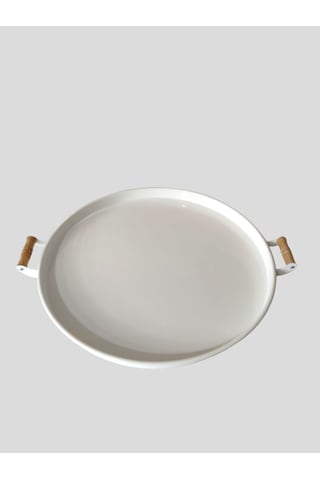 Ahşap Kulplu 51 Cm Beyaz Yuvarlak Metal Tepsi Kahvaltı Çay