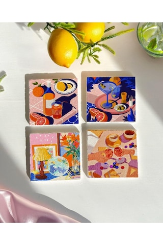 Retro Desenli Doğal Taş Bardak Altlığı Seti, Renkli Ve Dekoratif, 4'lü Çok Renkli