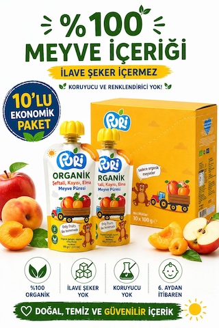 Organic Şeftalili Kayısılı Püresi 100g  x 10 %100 Organik İlave Şekersiz 10'lu Paket