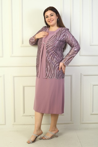 Kadın Pul Ve Sim İşlemeli Tül Ceket Uzun Kollu Astarlı Krep Elbise Büyük Beden 2'li Takım Gülkurusu