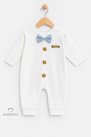 Babyden's Mini Boss Papyonlu Erkek Bebek Tulum Düğmeli Tasarım, Uzun Kollu Yenidoğan Tulumu Açık Mavi
