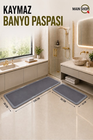 Mainshop 2 Li Set Sihirli Su Emici Mutfak Banyo Paspası Kaymaz Tabanlı 156x38 Cm Takım 38x58 Cm Yazısız Model M-62 Gri
