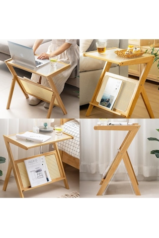 Rattan Sehpa, Boho Aksanlı Gece Sehpası Ve Cam Ahşap Masası Çok Renkli