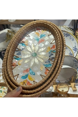 Renkli Çiçek Mozaik Desenli Oval Hasır Kenarlı Tepsi