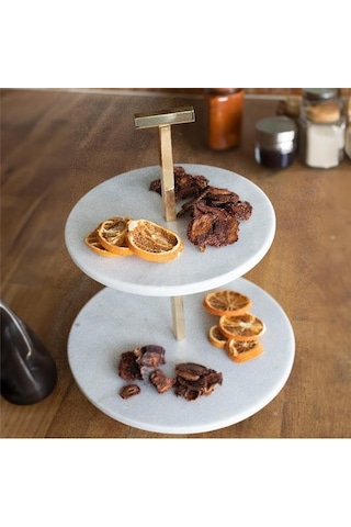 Akayev Mermer 25 Cm Beyaz Altın Boncuk Ayaklı İki Katlı Sunum Tabağı Beyaz