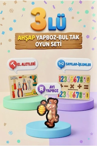 Eğitici Öğterici Ve Eğlenceli 3'lü Ahşap Yapboz Hikayeli Yapboz Ve Bul-tak Seti