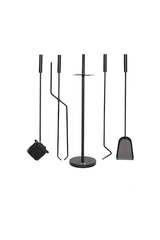 5 Li Lüx Ithal Siyah Yuvarlak Tabanlı Şömine - Soba Maşa Takımı Aksesuar Seti