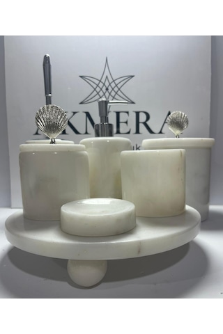 Mermer Top Ayaklı Standlı 7 Parça Lüks Banyo Seti Beyaz