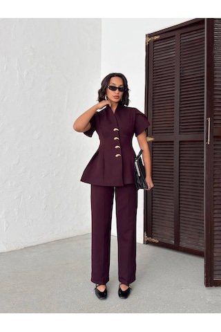 Modadua Gold Düğme Detaylı Peplum Kesim Şık Kadın Takım Mürdüm