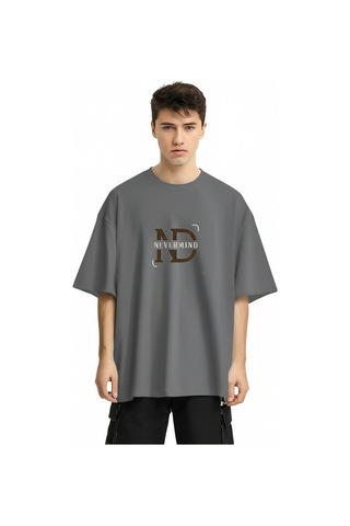 Nevermind Baskılı Oversize Tişört Erkek Streetwear T-shirt Antrasit