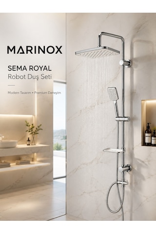 Sema Royal Premium Krom Robot Duş Seti Geniş Tepe Duşlu Tek Fonksiyonlu El Duşlu Modern Banyo Duş Sistemi