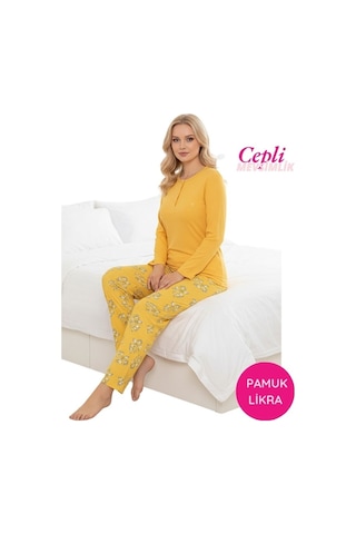 Kadın Sarı Çiçek Desen Mevsimlik Pamuklu Penye Uzun Kol Cepli Pijama Takımı-slim Fit Dar Kalıp Desenli