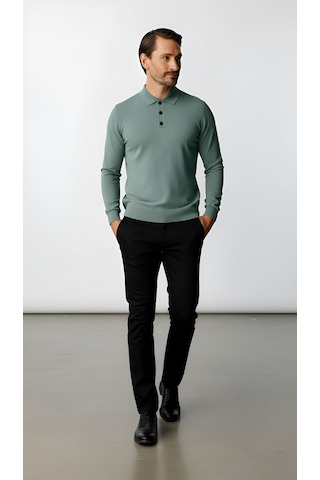 İgs Mint Yeşili Standart Fit Dar Kalıp Polo Yaka Düz Uzun Kollu Triko-21899 Mint Yeşili