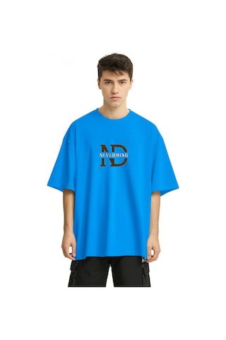 Nevermind Baskılı Oversize Tişört Erkek Streetwear T-shirt Mavi