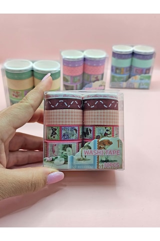Vintage Washi Tape Bant Baskılı Yapışkanlı Maskeleme Kağıdı Desenli Bant 10'lu - Bordo Pul Mektup 1