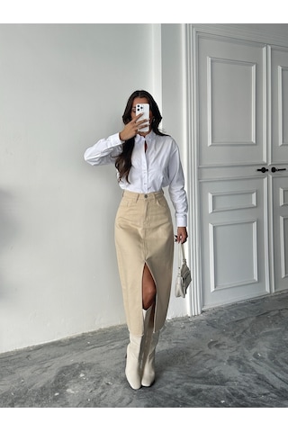 Blue Marlın Kadin Taş Etek Ucu Kesik Ön Yirtmaç Keten Etek Krem