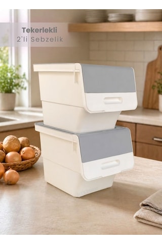 2 Li Gri Tekerlekli Sebzelik Patates Soğan Sepeti Modern Organizer Patateslik Basic Soğanlık 24 L Gri-beyaz