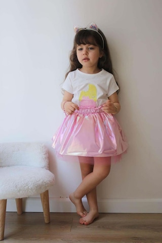 Kız Çocuk Mickey Ve Dondurma Desenli Kısa Kol Pamuk Etekli Takım Pembe