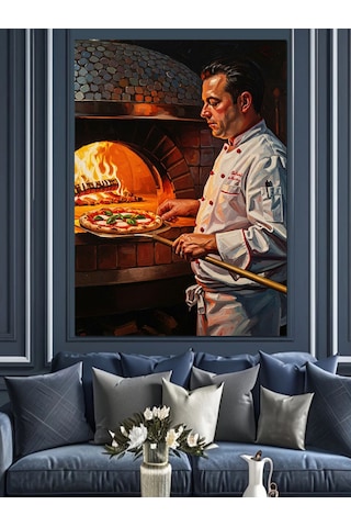 Taş Fırında Pizza Pişiren Usta Dekoratif Kanvas - Mdf Ahşap Tablo