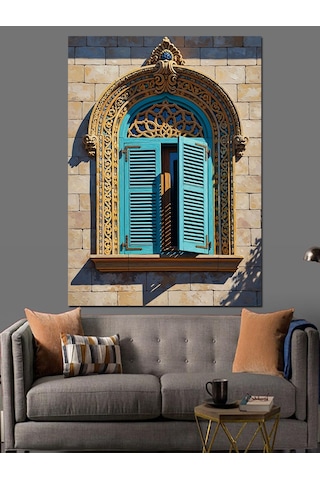 Tablo Mega Ahşap Mavi Pencere Panjurları Retro Dekoratif Kanvas - Mdf Ahşap Tablo