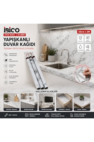 2mt X 60cm Beyaz Mermer Desenli Tezgah Üstü Folyo Sticker - Duvar Kağıt Kendinden Yapışkanlı - Eko Dekorasyon - Dayanıklı