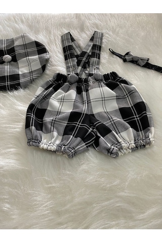 Eylülce Butik Siyah Ekoseli Çocuk Askılı Şort Salopet & Ressam Şapkası & Papyon Takım- Pasta Patlatma-doğum Günü