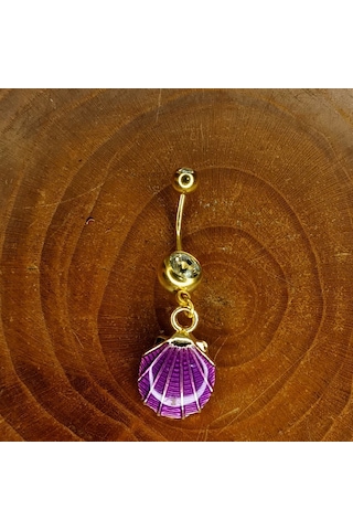 Aya Tasarım Gold Renk Mor İstiridye Figürlü Göbek Piercing Altın