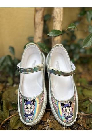 Scarpe Magiche Labubu Kız Çocuk Hologram Parlak Babet Cırtlı Ayakkabı 31-35 Numara Arası Işıksızdır Gümüş