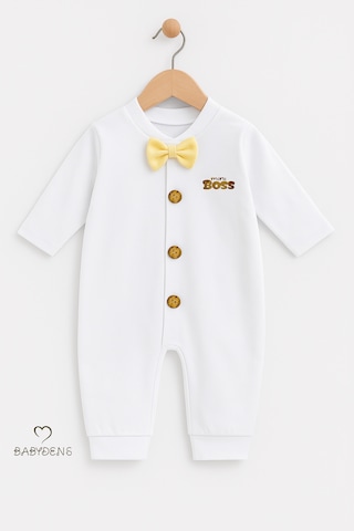 Babyden's Mini Boss Papyonlu Erkek Bebek Tulum Düğmeli Tasarım, Uzun Kollu Yenidoğan Tulumu Sarı