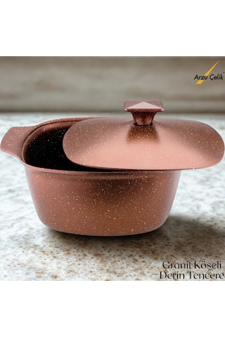 Katre 22 Cm Granit Köşeli Derin Tencere Alüminyum Kapak - Koyu Bakır
