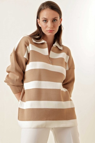 Gabria Fermuarlı Çizgili Kazak Kahve