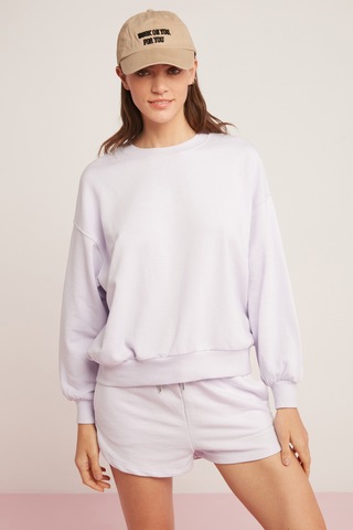 Ethıquet Sahra Kadın Pamuklu Içi Polarlı Yumuşacık Oversize Yuvarlak Yaka Basıc Lila Sweatshirt