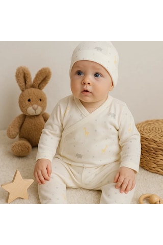 Babydonat Zürafa Desenli 3 Parça Erkek Bebek Hastane Çıkışı % 100 Pamuk Beyaz