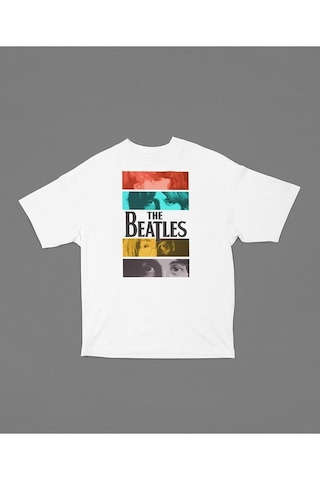 The Beatles Baskılı Unisex Tişört, Oversize Müzik Grubu Tişört Beyaz