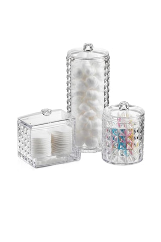 Vivart 3 Lü Diamond Seri Kapaklı Banyo Organizer, Makyaj Pamuğu Ve Kulak Çubuğu Saklama Kabı Şeffaf