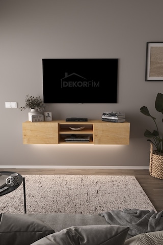 Df17102 Led Işıklı Duvara Monte Tv Ünitesi, 2 Kapaklı Dolaplı, Raflı 150 Cm Tv Alt Ünitesi Safir Meşe
